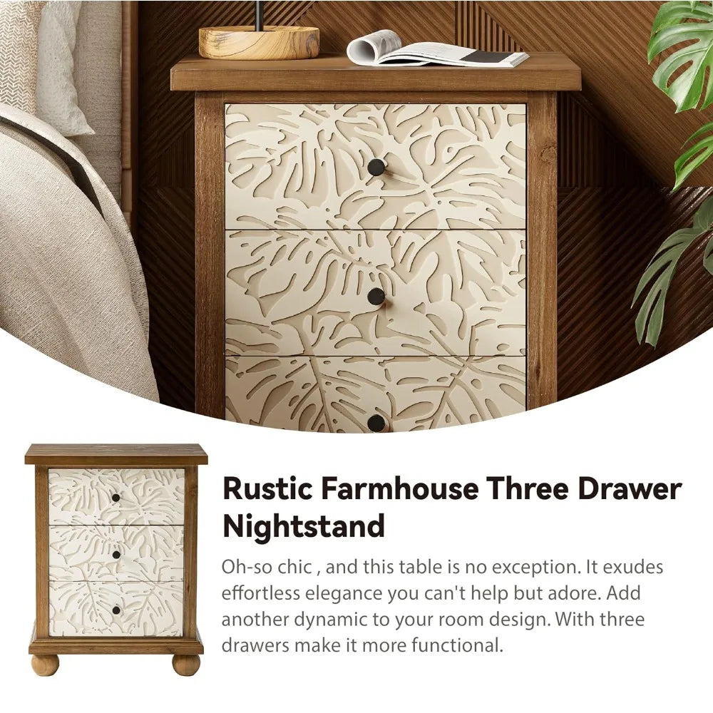 Farmhouse 3-Drawer Nightstand with Leaves Pattern Carved, Set of 2 Vintage French Country End Table for Bedroom,, Customized