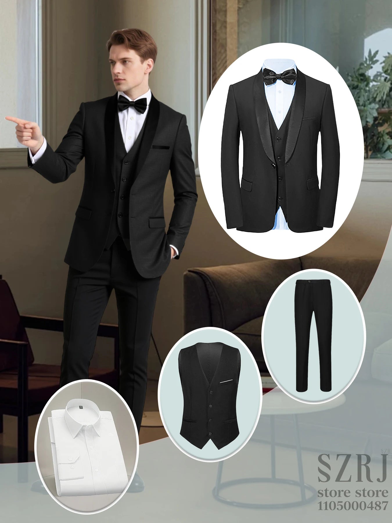 4Piece Men's Formal Suit Set Solid 2-Button Blazer+Vest+Shirt+Pants, Regular Fit for Business/Wedding/Office, All-Season