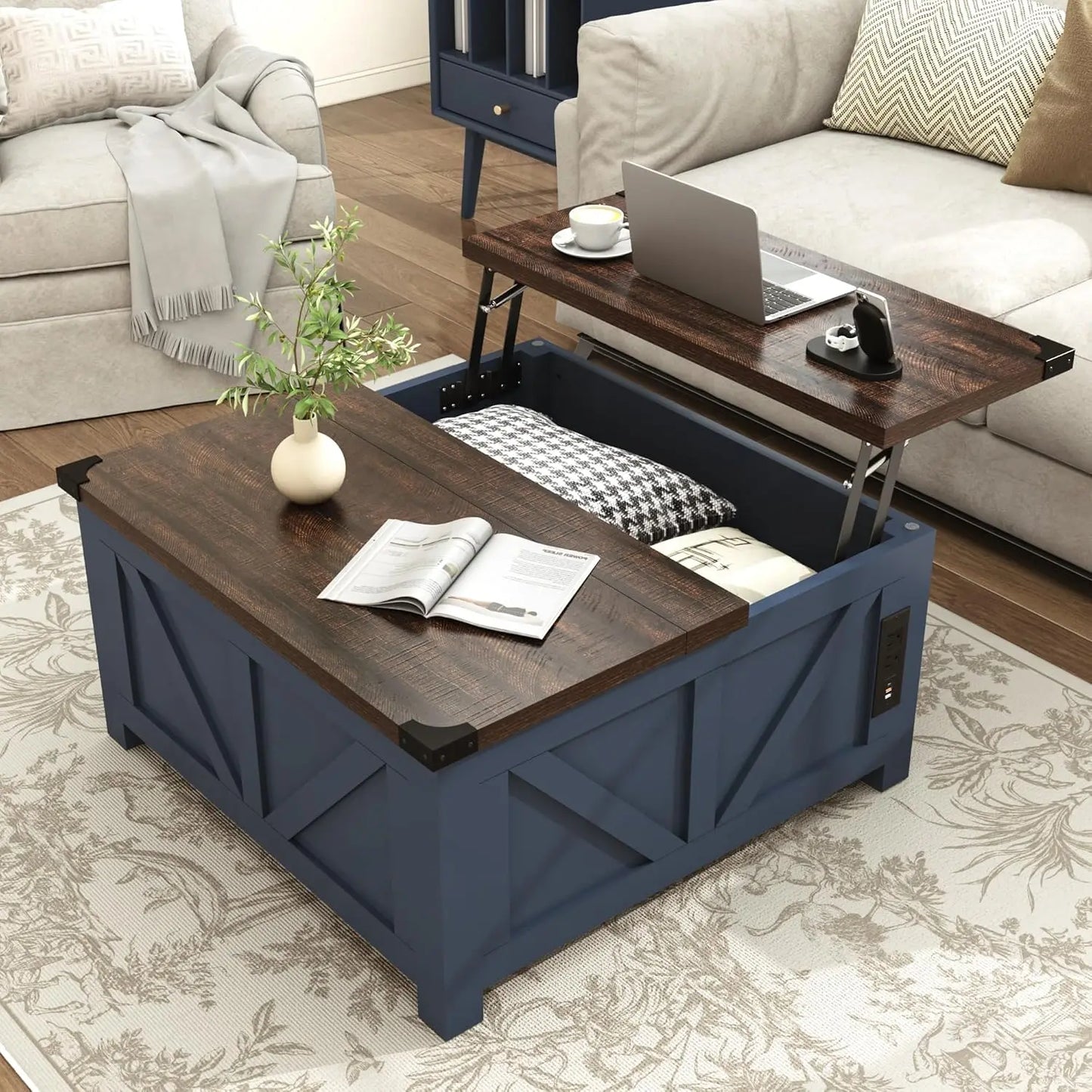 Farmhouse Lift Top Coffee Table with Storage, Wood Square Center Table with Charging Station&USB Port, Living Room, Customized