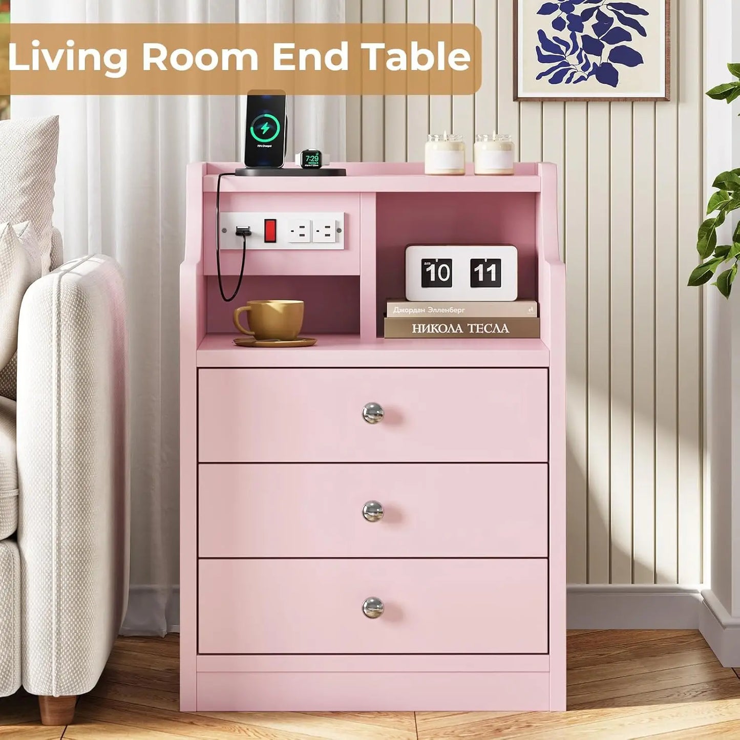 Night Stand Set 2,Pink Nightstand with Charging Station & Hutch,Night Stands for Bedrooms Set of 2,Bedside Table, Customized