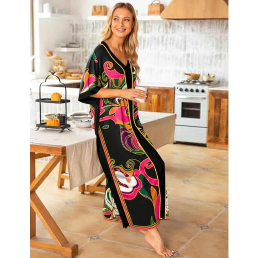 Bloggerlove Women Nightgowns Cotton Caftan House Dress Short Sleeve Sleepwear Vacation Beach Moo Moos Dress with Pockets