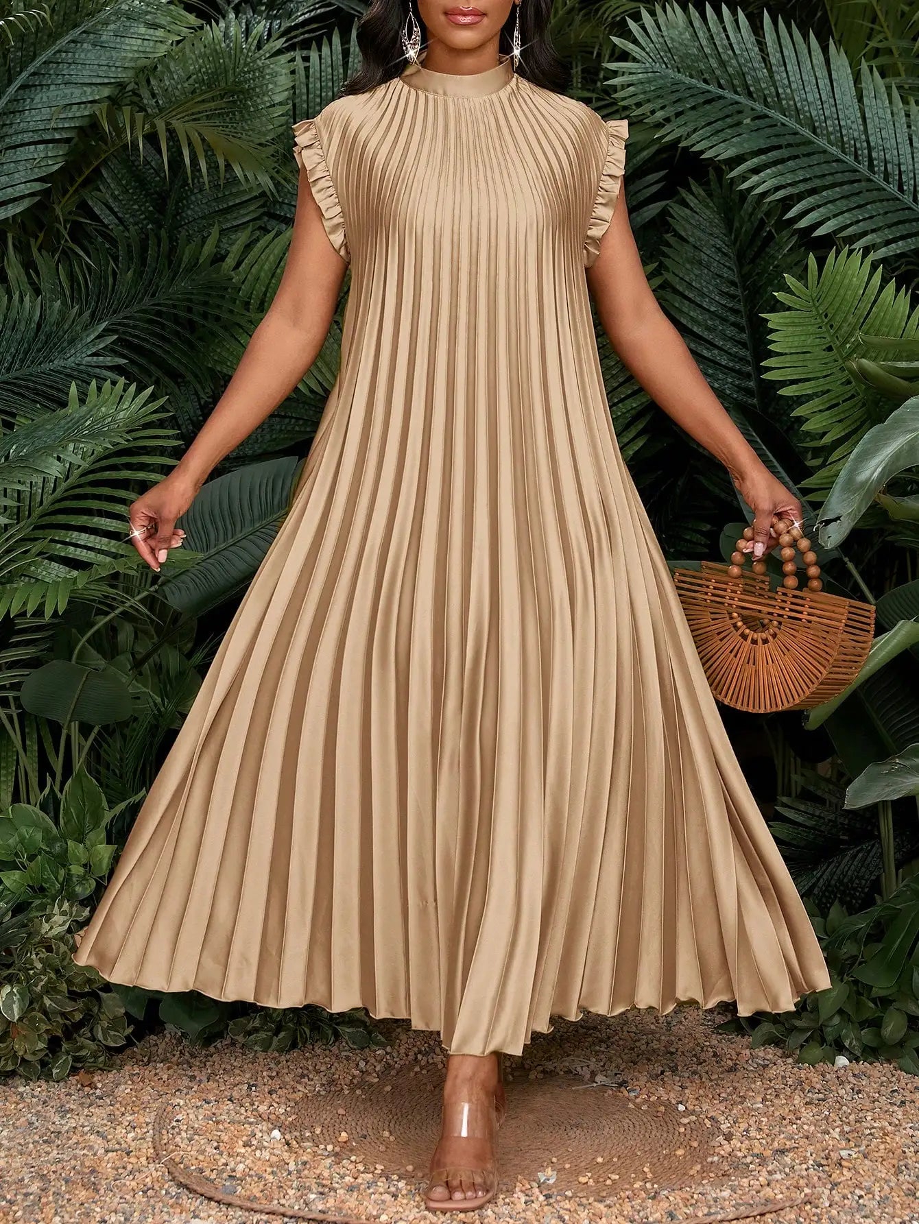 Pleated A-Line Maxi Dress With Stand Collar And Ruffle Cap Sleeves For Party Wedding Beach Event