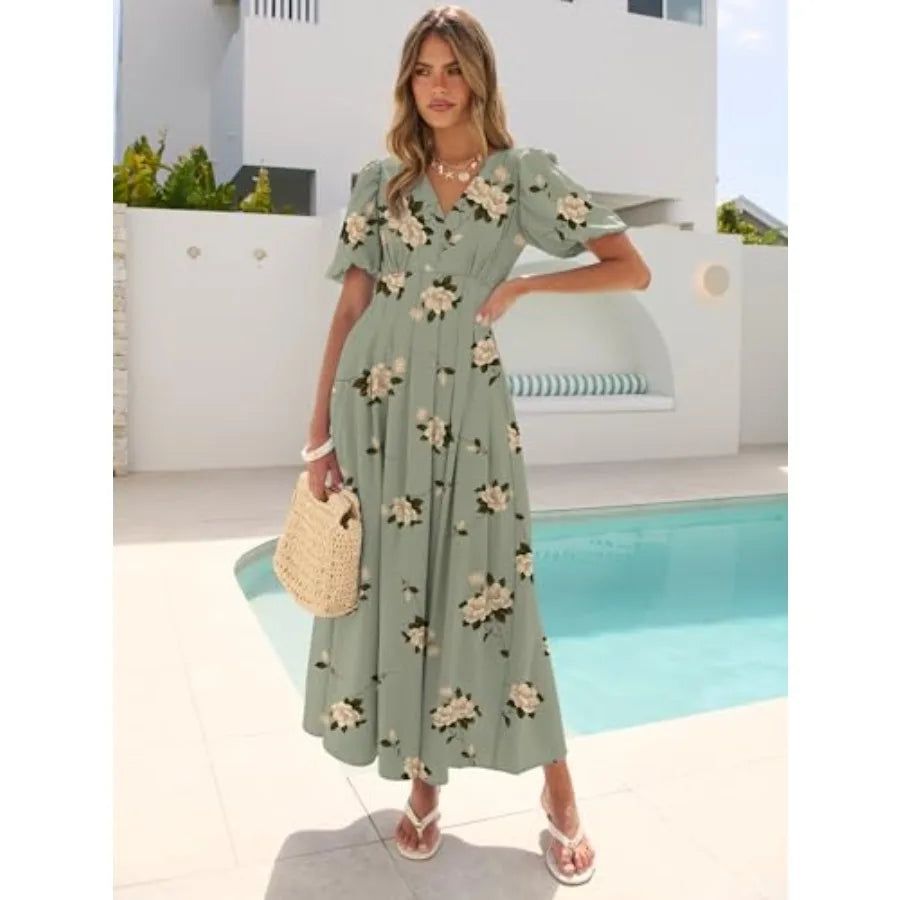 Caracilia Women's Floral Maxi Dress, Spring Wedding Guest Formal Party, V Neck Puff Sleeve Full Lined, Summer Casual Dresses