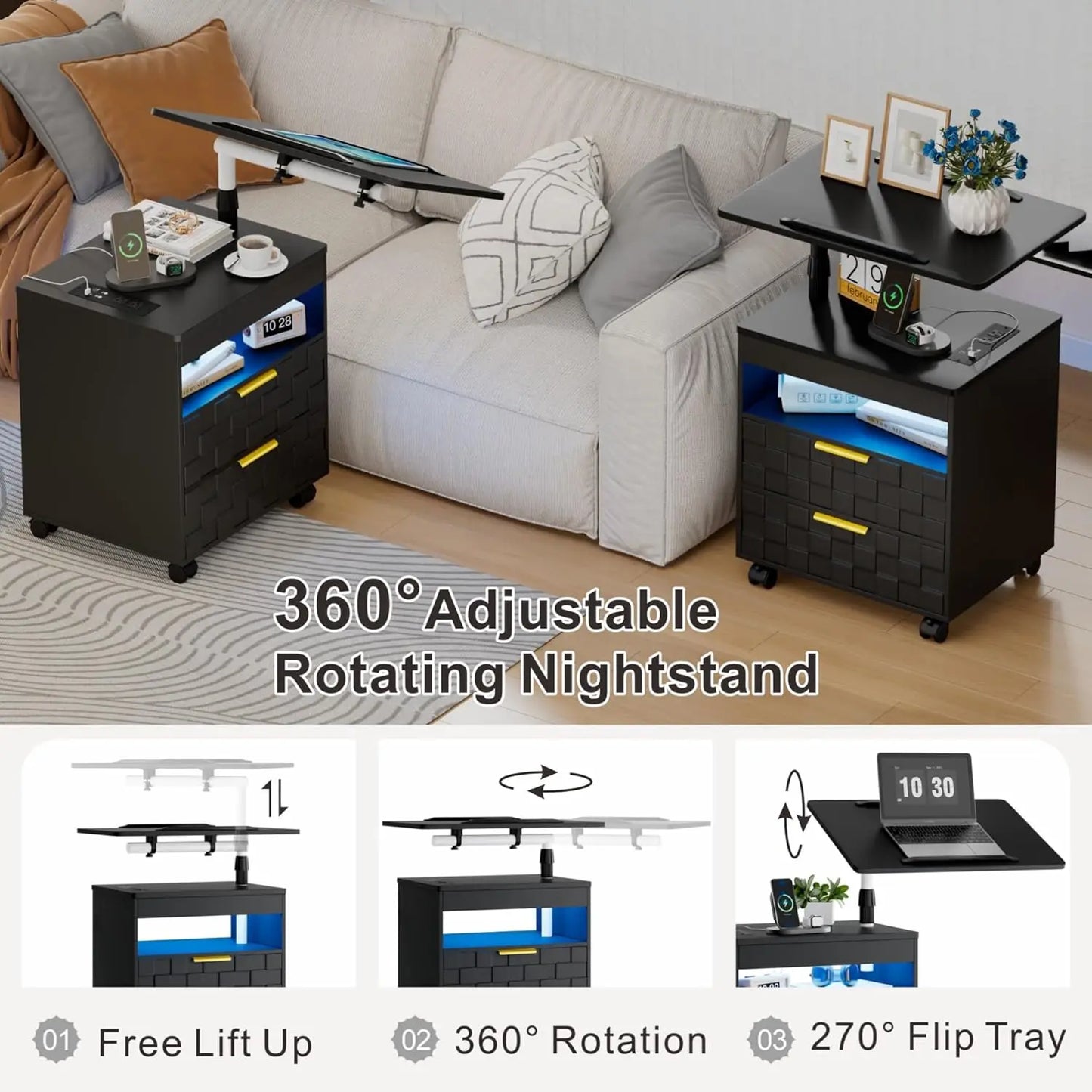 Nightstand with Charging Station, LED Bedside Table 2 Drawers, Smart Wooden End Table for Laptop Rolling Side Table, Customized