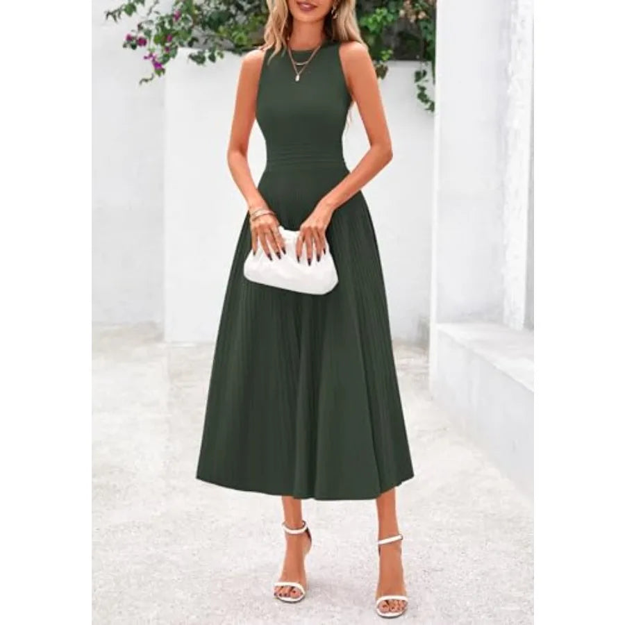 PRETTYGARDEN Spring Casual Dresses for Women 2026 Summer Business Work Midi Sleeveless A Line Pleated Cocktail Dress
