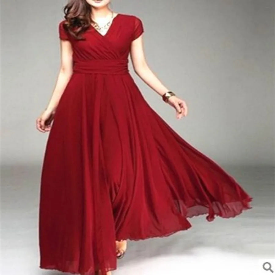 【New style】- access  Europe and America V-neck short-sleeved Bohemian chiffon waist dress