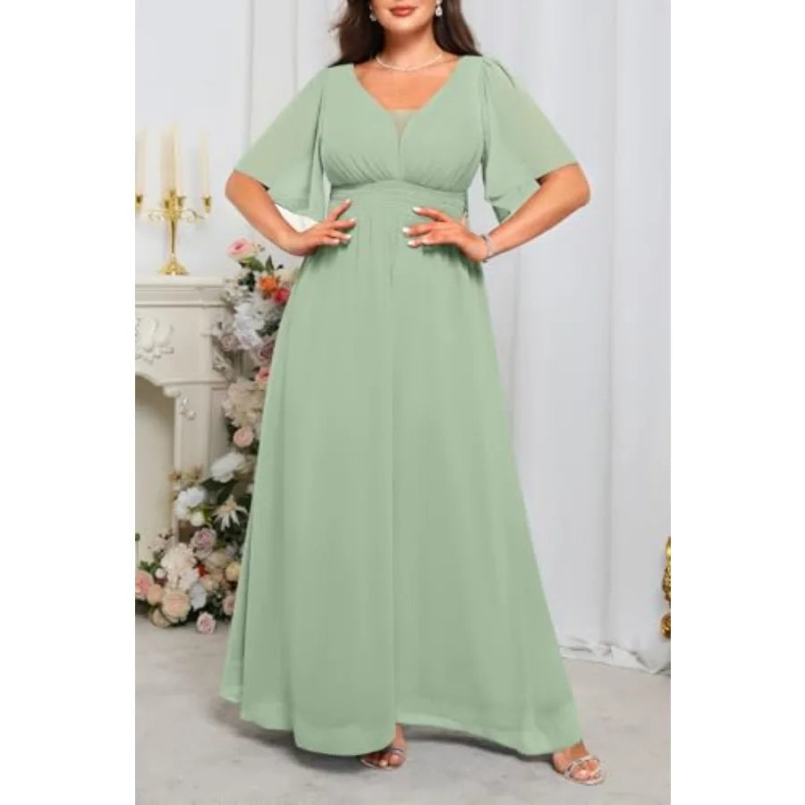 Talisea Plus Size Formal Dresses - V Neck Flutter Sleeves Evening Gowns Bridesmaid Wedding Guest Chiffon Long Maxi Dress