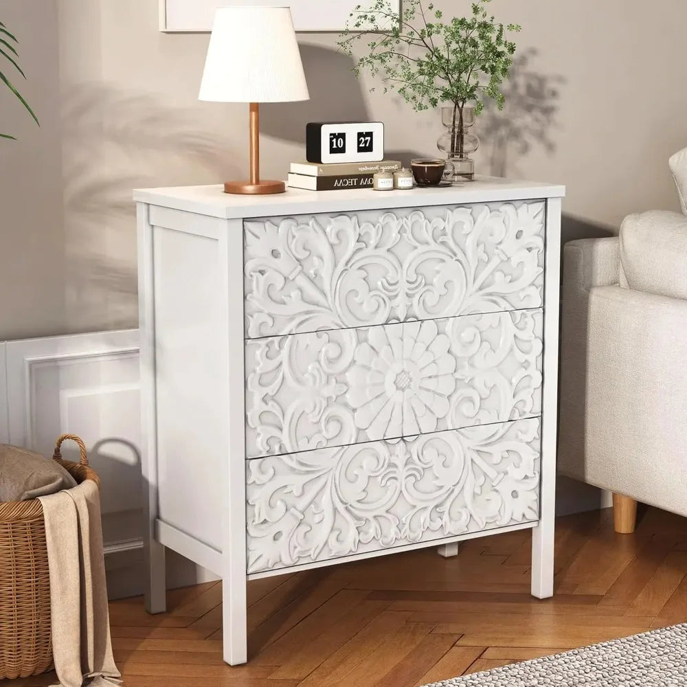 3-Drawer Dresser Chest, Modern Wooden Flower Motif Dressers with Wide Storage Space Chest of Drawers Bedside, Customized
