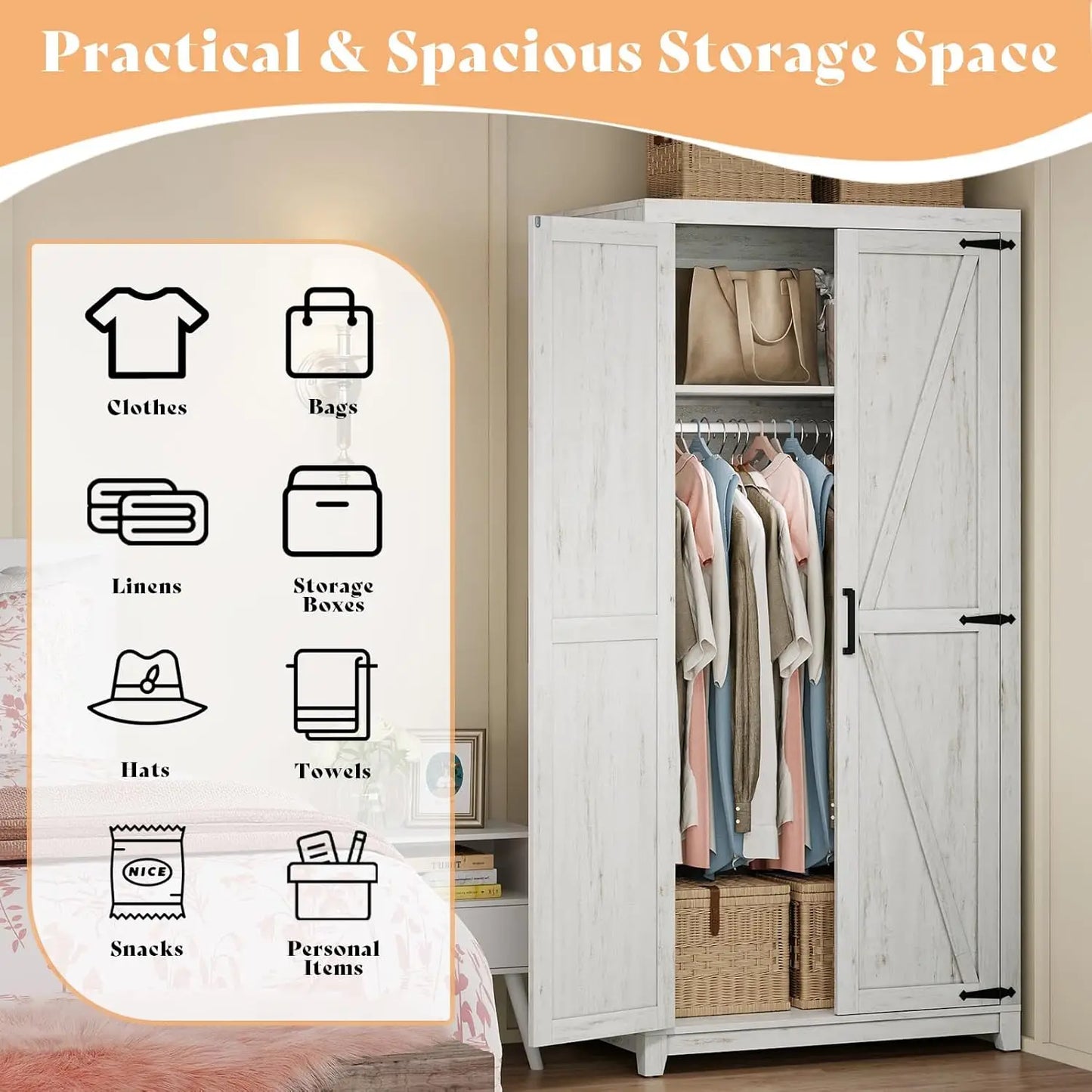 Farmhouse Armoire Closet 71in Barn Doors Cabinet Rod & Shelf Bedroom Storage White Custom