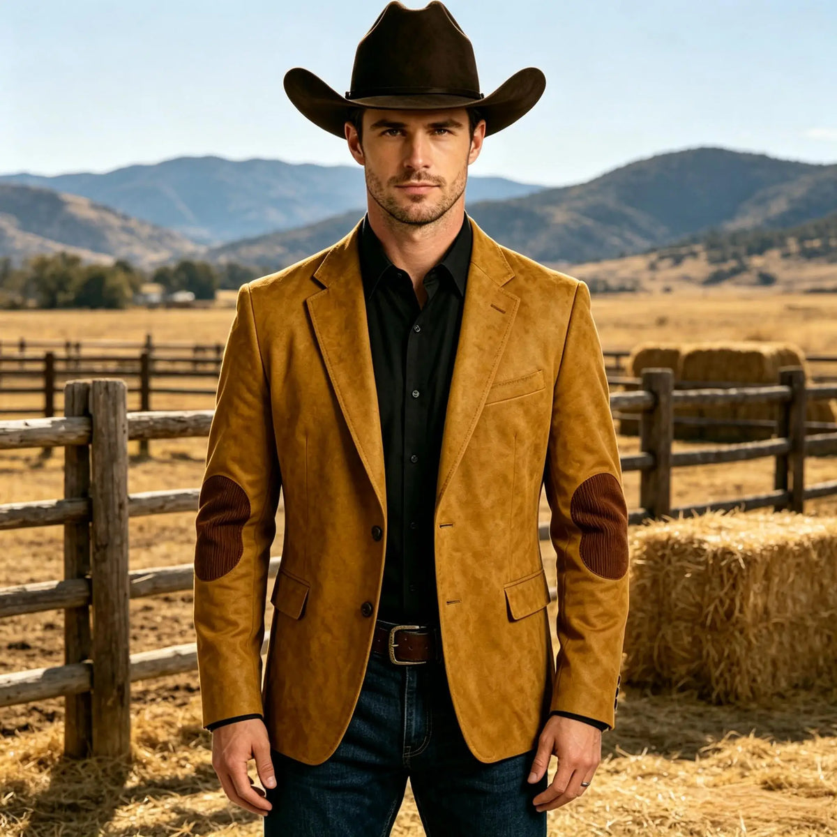 Men's Suede Blazer Western Style Two Button Sport Coat with Elbow Patches Casual Slim Fit Jacket for Business Cowboy Wedding