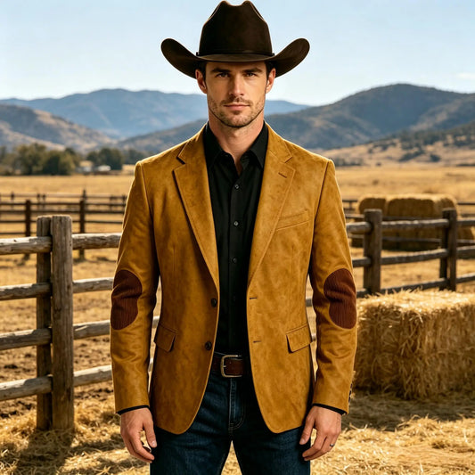 Men's Suede Blazer Western Style Two Button Sport Coat with Elbow Patches Casual Slim Fit Jacket for Business Cowboy Wedding