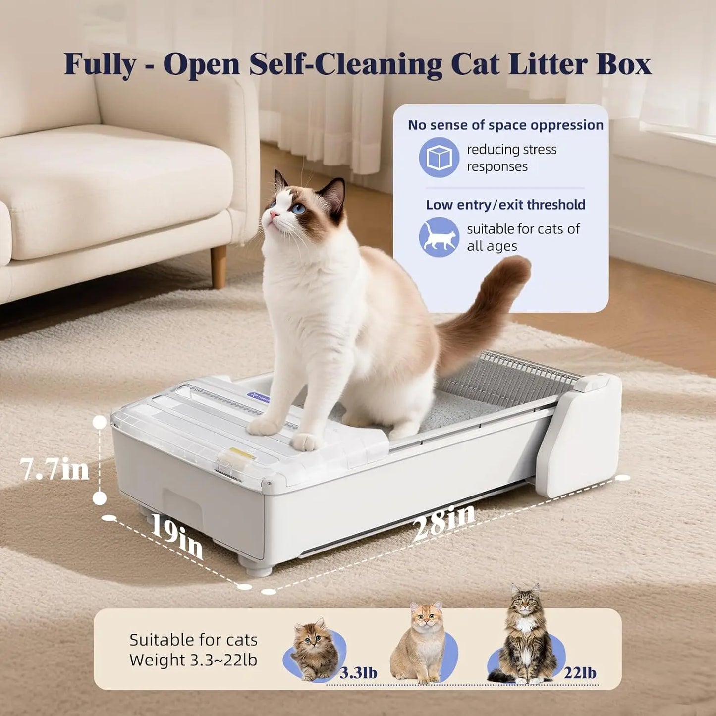 XXL Open Top Electric Self Cleaning Litter Box Spacious Waste Bin Odor Control App Control for Large & Multi Cats, Customized