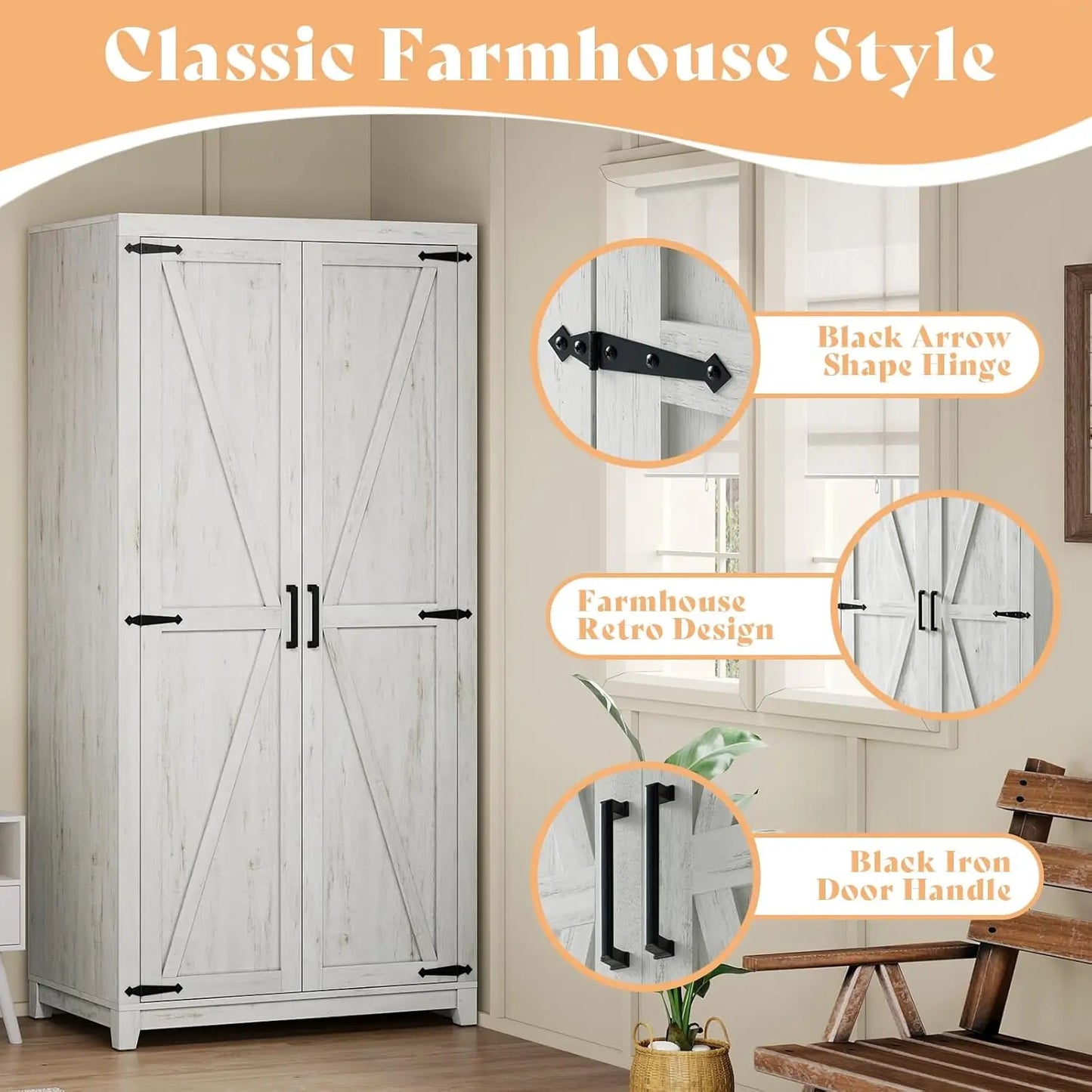 Farmhouse Armoire Closet 71in Barn Doors Cabinet Rod & Shelf Bedroom Storage White Custom