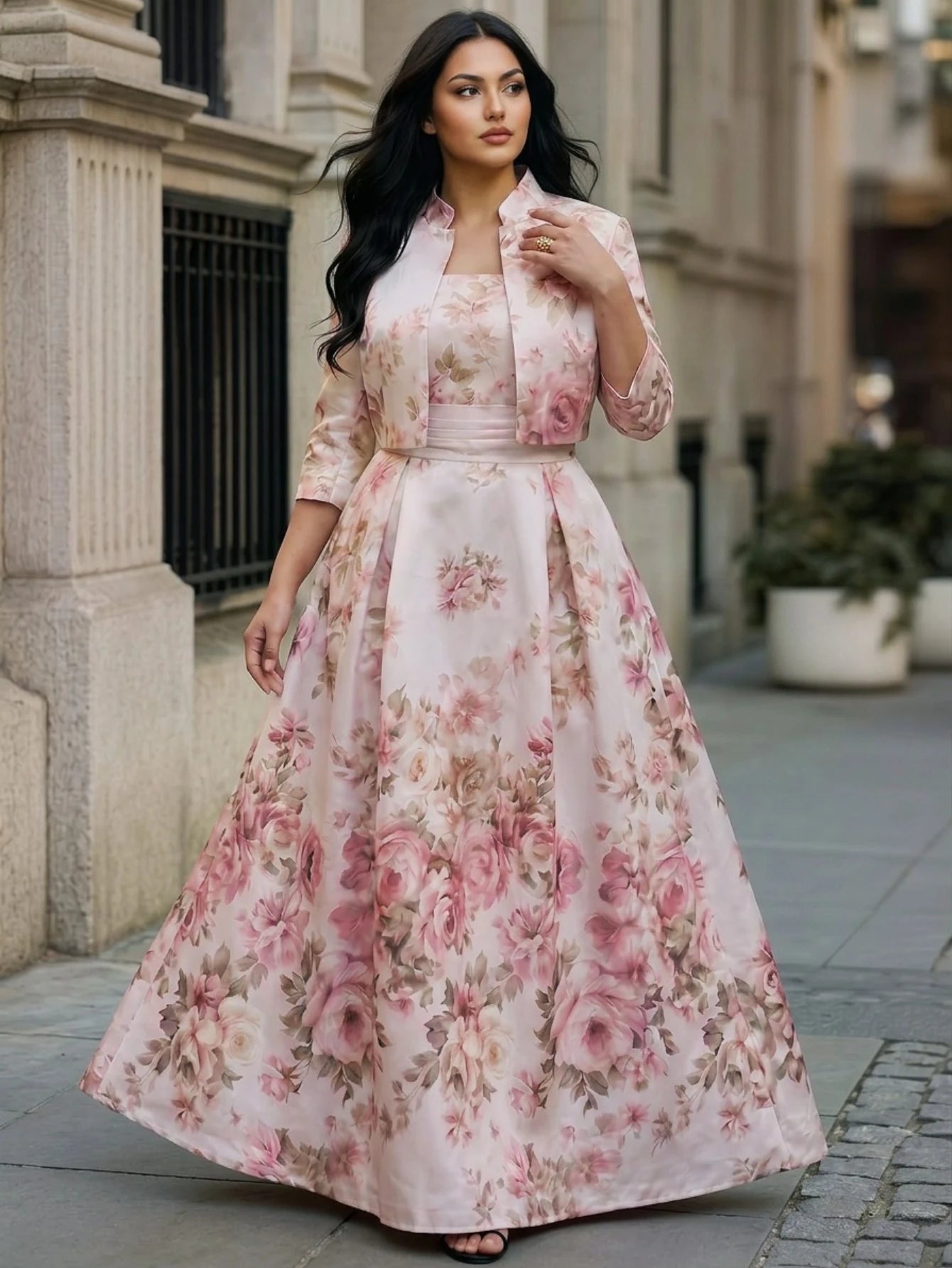 Women's Stand Collar 3/4 Sleeve Crop Coat Floral Print Maxi Dress Set For Wedding Guest Garden Daily Occasions