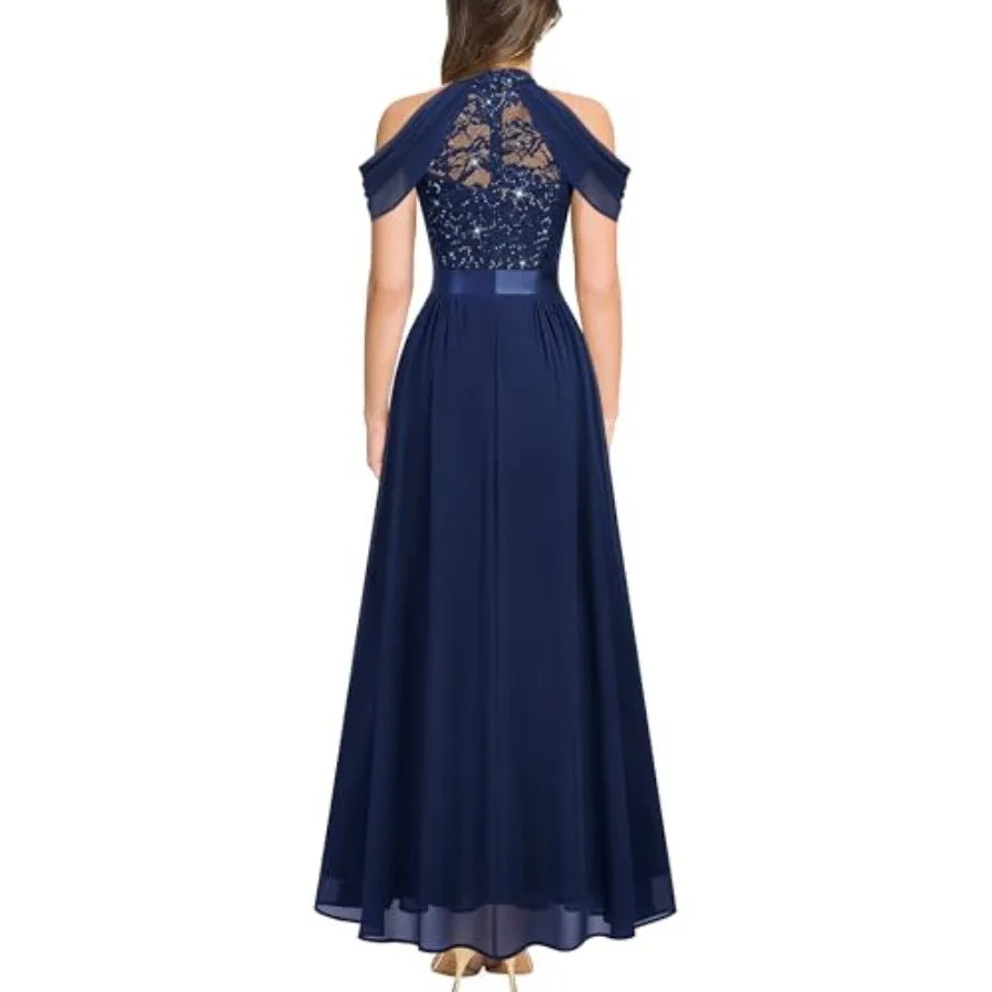 Women's Classic Lace Sleeveless Sequin Contrast Chiffon Bridesmaid Maxi Dress