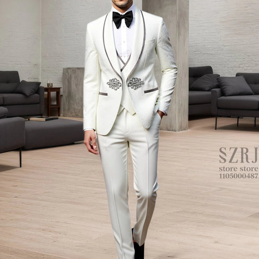 Men's Formal Tuxedo Set With Shawl Collar, Vest And Trousers