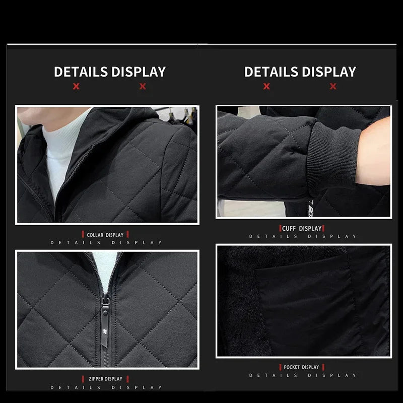 BROWON New Winter Jacket Men Thick Long Sleeve Argyle Hooded Cotton Men Jacket Oversized Plus Velvet Zipper Jacket Parkas Men