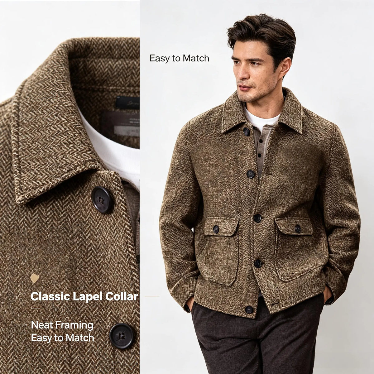 Men Vintage Herringbone Short Lapel Button Jacket Casual Outerwear For Daily Commute Weekend Dating Coffee Street Trip Gathering