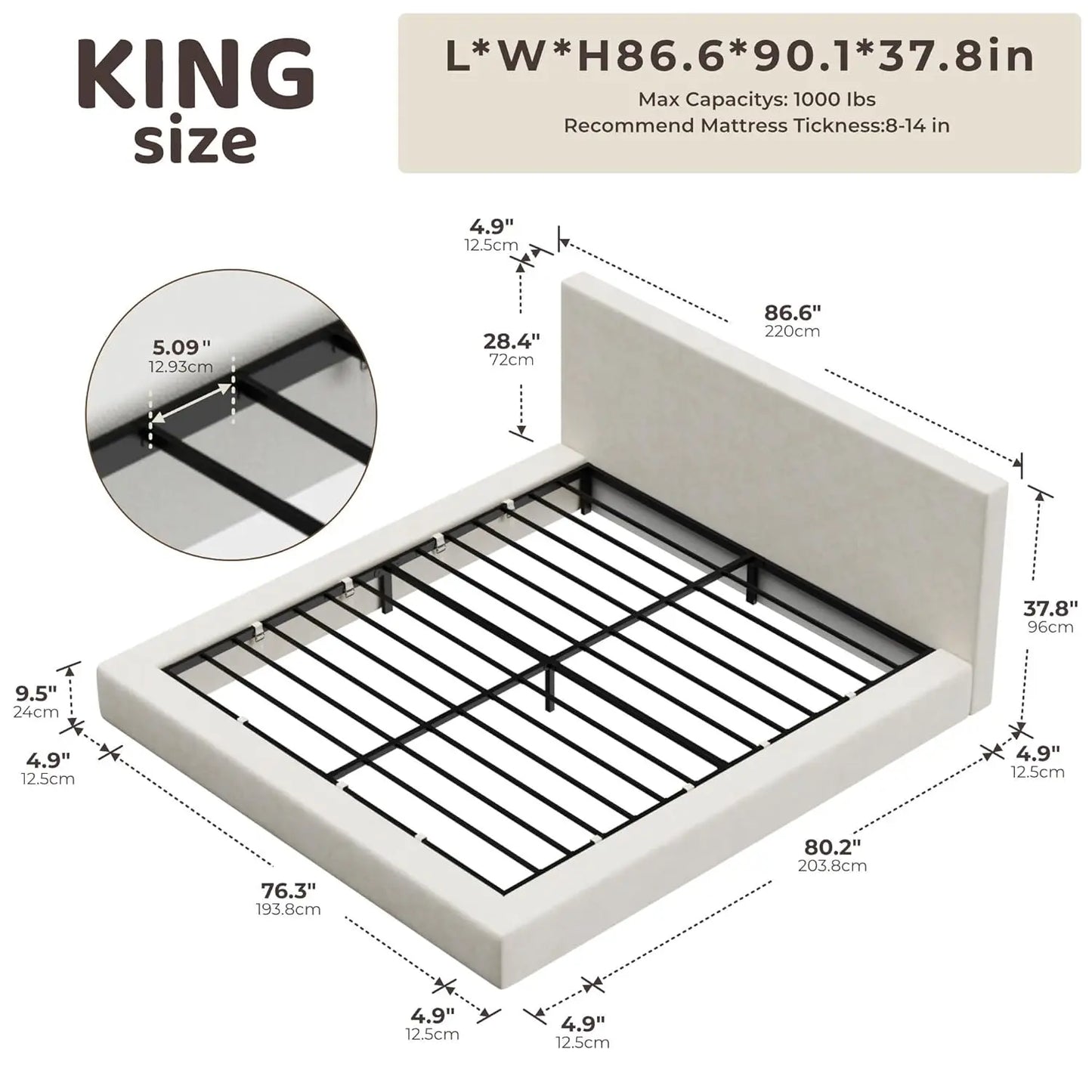 Upholstered King Bed Frame Foam Padded Platform Headboard No Box Spring Easy Assembly Bedroom Furniture, Customized
