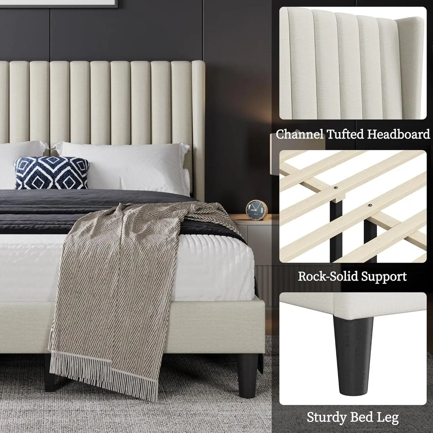 Full Bed Frame Upholstered Platform Bed with Fabric Headboard, Wing Edge Design/Non-Slip and Noise-Free/Wooden, Customized