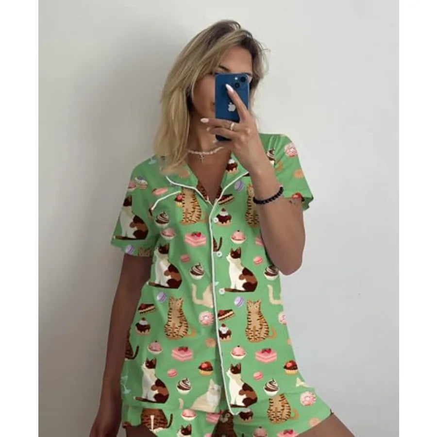 Ekouaer Pajamas Set for Women Short Sleeve Sleepwear Button Down Pjs Soft 2 Pcs Lounge Sets XS-XXXL
