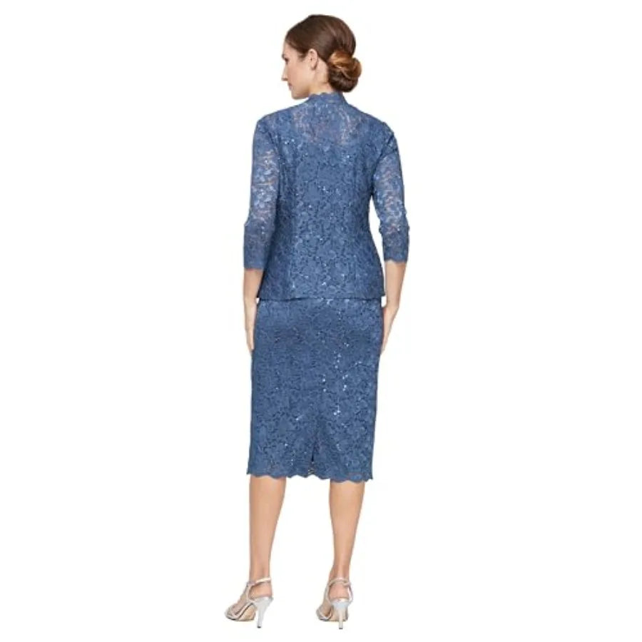 Women's Tea Length Sequin Lace Mother of The Bride Dress with Illusion Sleeve Jacket