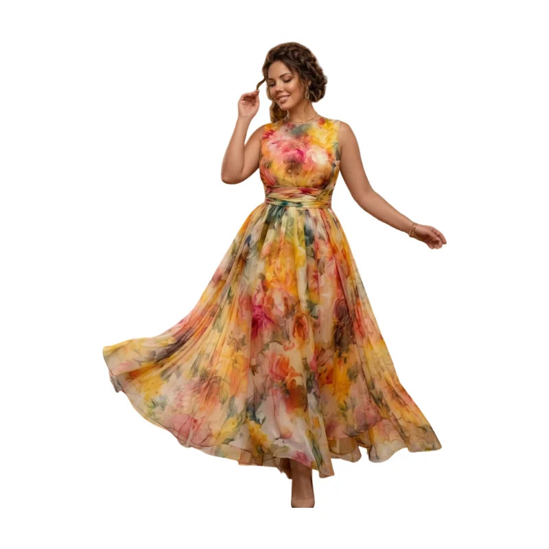Women's Round Neck Sleeveless All Over Floral Print Flowy Maxi Dress For Dinner Wedding Guest Garden Party Fashion Occasions