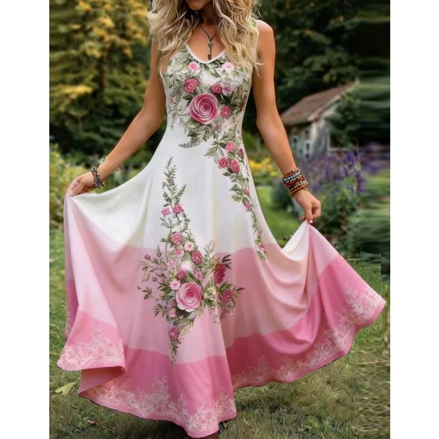 【New style】2026 summer new - European and American  sleeveless elegant dress Printed v-neck long dress Large size women's dress
