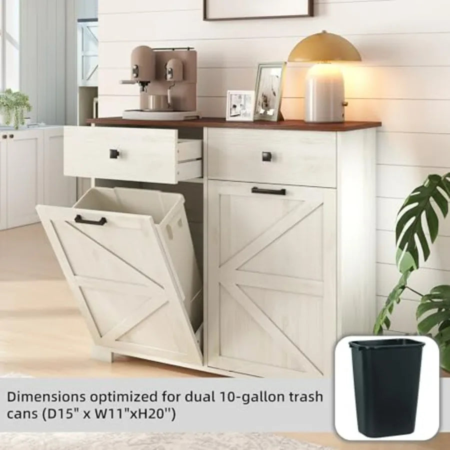 Farmhouse Double Tilt Out Trash Cabinet for 20 Gallon Trash Cans Free Standing Recycling Cabinet with Hideaway Drawer Barn Door