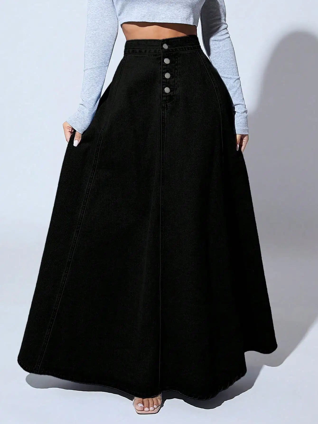 Front Button High-Waisted Denim Maxi Skirt for Women