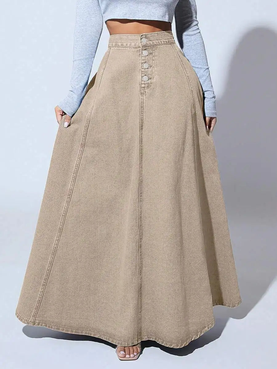 Front Button High-Waisted Denim Maxi Skirt for Women