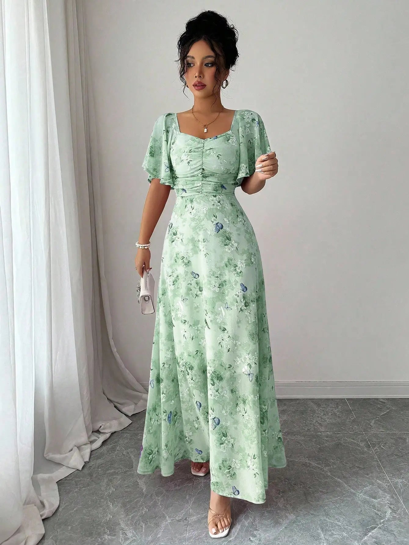 Women's Chiffon Butterfly Print Ruched Square Neck Batwing Sleeve Maxi Dress