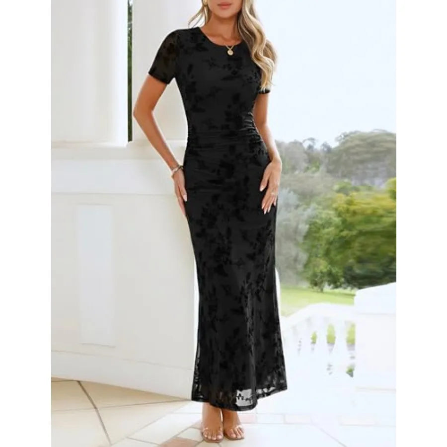ZESICA Women's Summer Floral Bodycon Long Dress Ruched Mesh Beach Vacation Formal Cocktail Party Wedding Guest Maxi Dresses