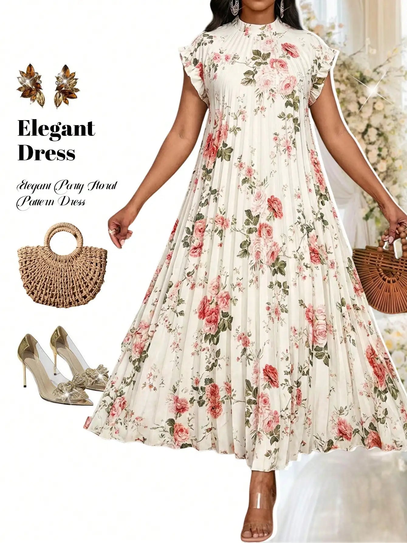 Pleated A-Line Maxi Dress With Stand Collar And Ruffle Cap Sleeves For Party Wedding Beach Event
