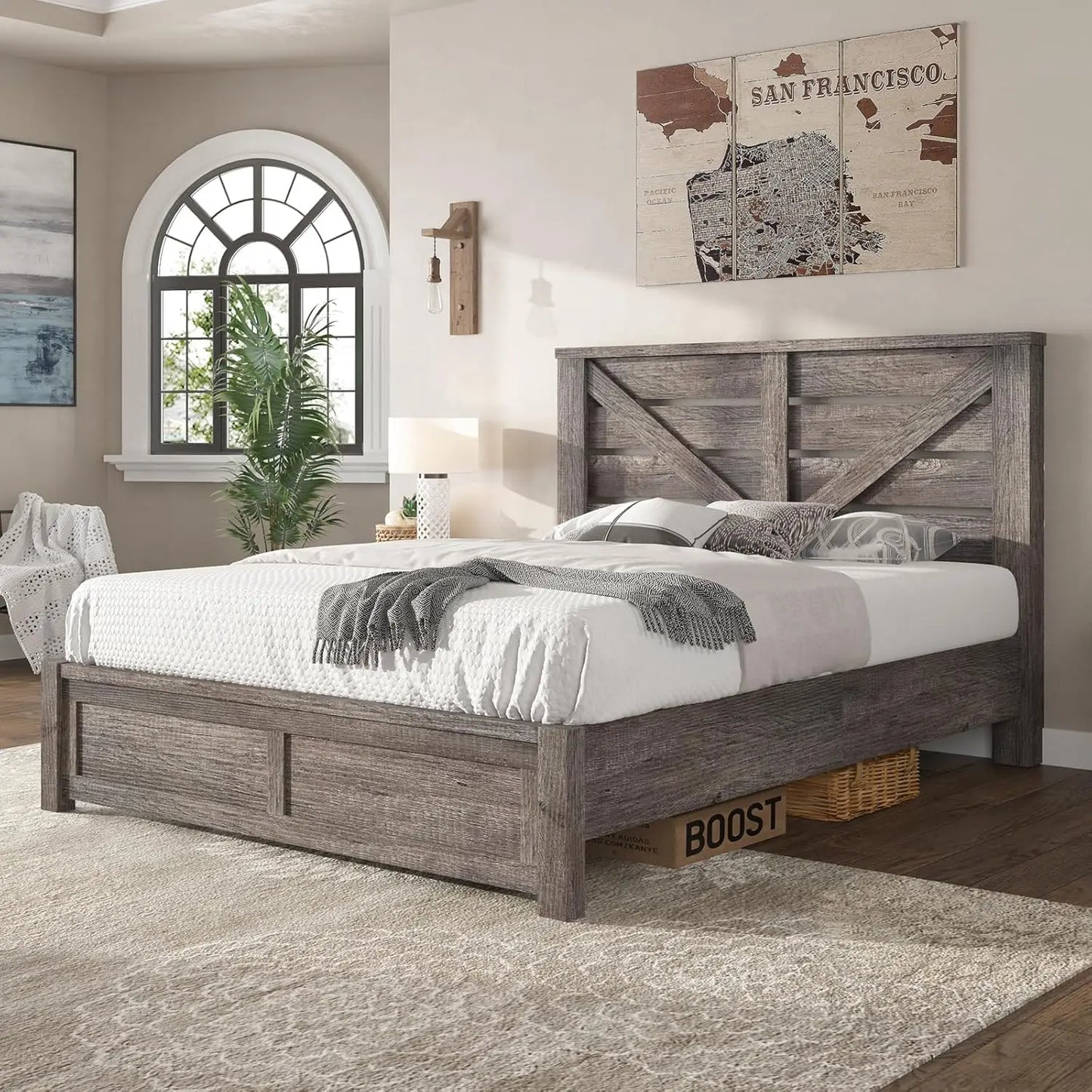 Queen Size Bed Frame with 49.2" Barn Door Headboard and Footboard, Farmhouse Platform Bed Frame with Wood Slats, No, Customized