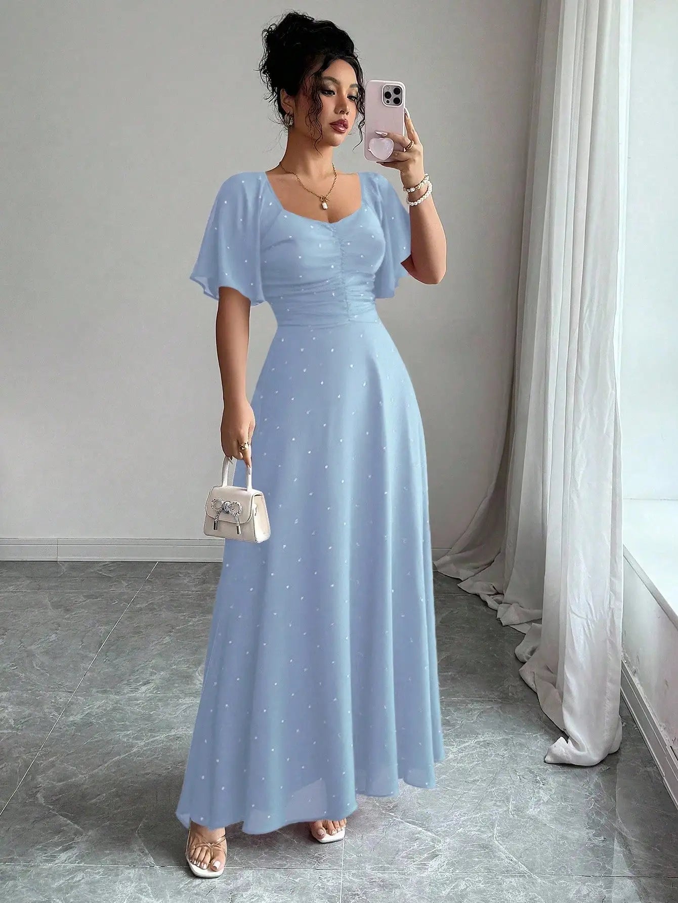 Women's Chiffon Butterfly Print Ruched Square Neck Batwing Sleeve Maxi Dress