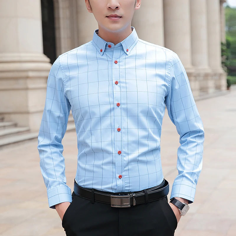 BROWON Brand Shirts Men Long Sleeve Turn-down Collar Plaid Pattern Men's Shirt Smart Casual Business Shirt Plus Size M - 5XL