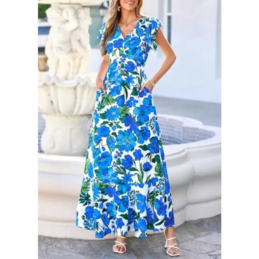 PRETTYGARDEN Floral Dress for Women 2026 Summer Boho Ruffle Flowy Cocktail Beach Spring Wedding Guest Maxi Long Dresses
