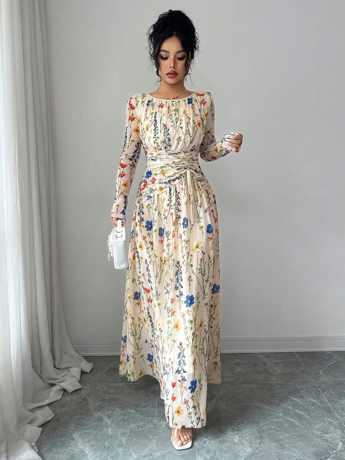 Elegant Floral Print Long Sleeve Maxi Dress With Drawstring Waist