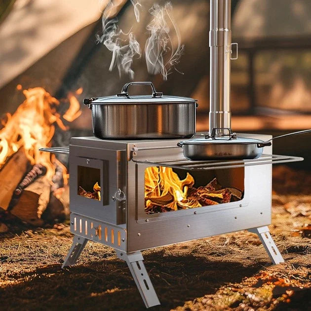 Portable Wood Burning Stove With 6 Stainless Chimney Pipes Outdoors