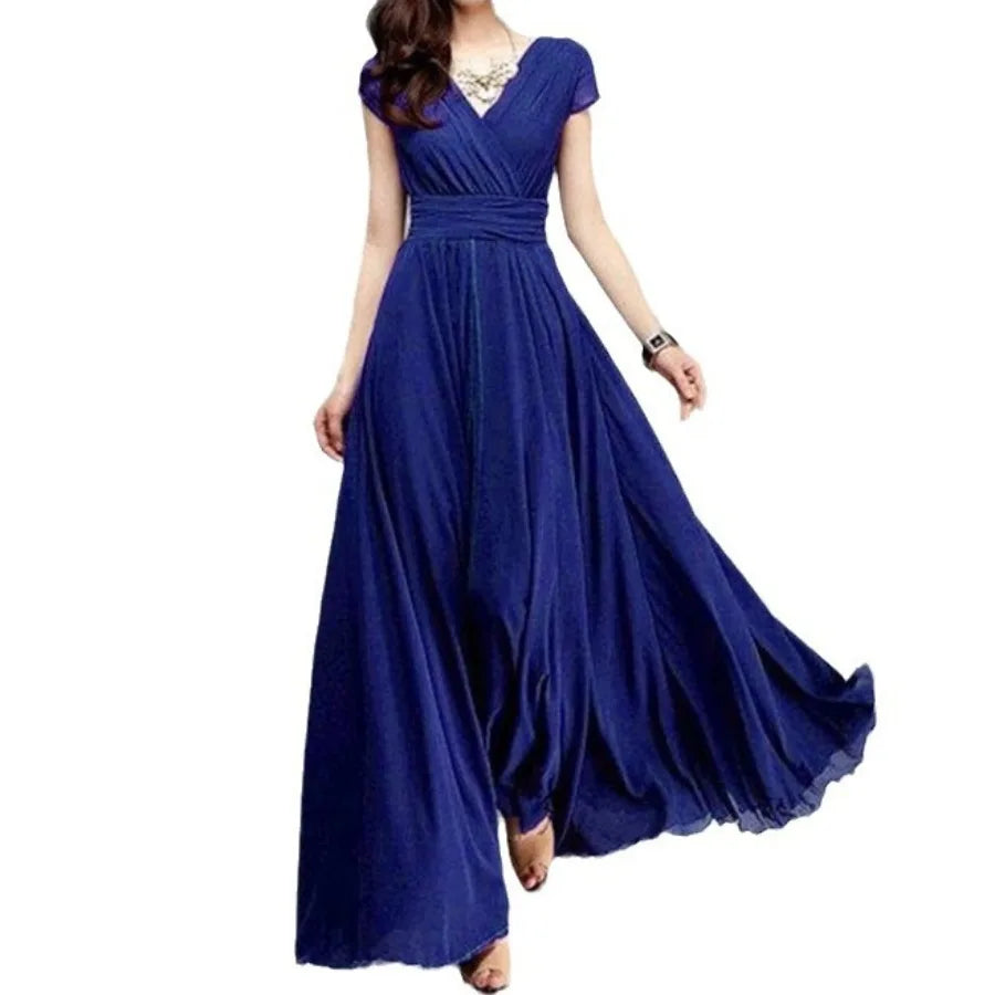【New style】- access  Europe and America V-neck short-sleeved Bohemian chiffon waist dress
