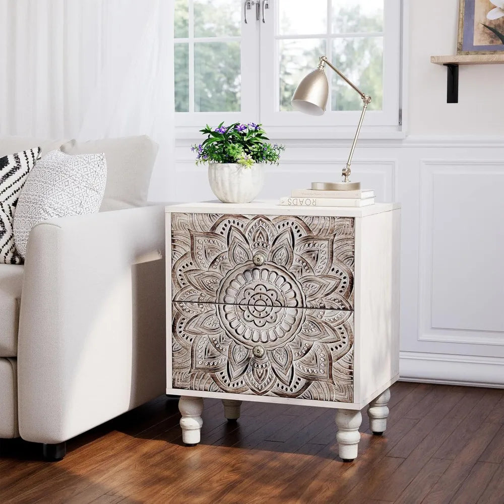 White Nightstand with 2 Drawers, Lotus Flower Carved Wood Bedside Table, Small Nightstand Side Table, Easy Assembly, Customized