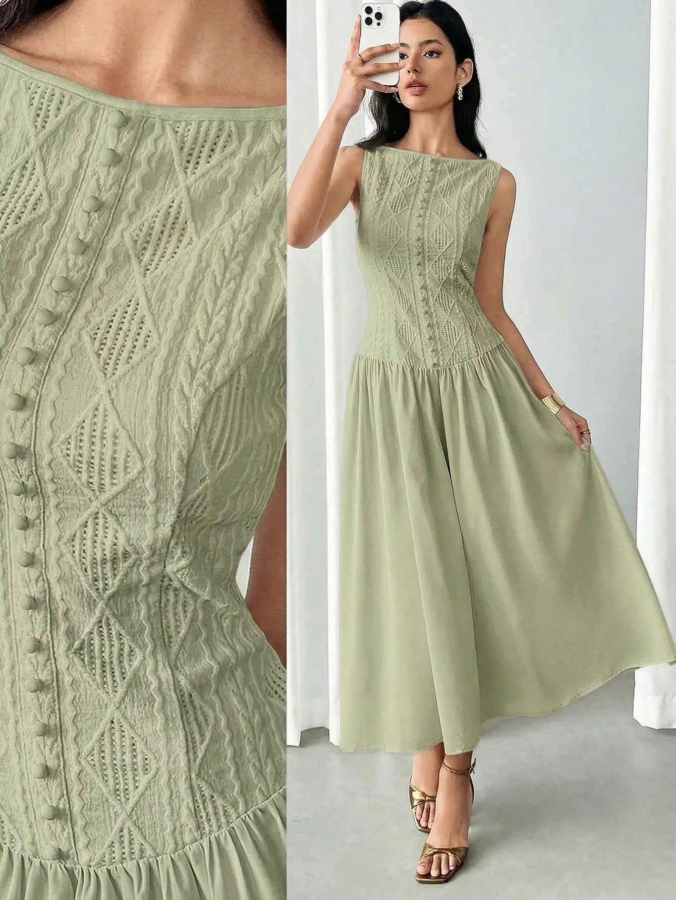 Women's Summer Elegant Solid Color Textured Sleeveless Midi Dress