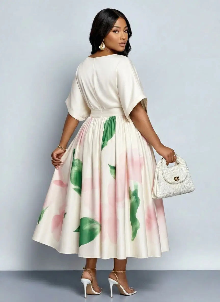Plus Size Round Neck Batwing Sleeve Printed Midi Swing Dress For Women Wedding Guest Brunch Daily Elegant Party Occasions