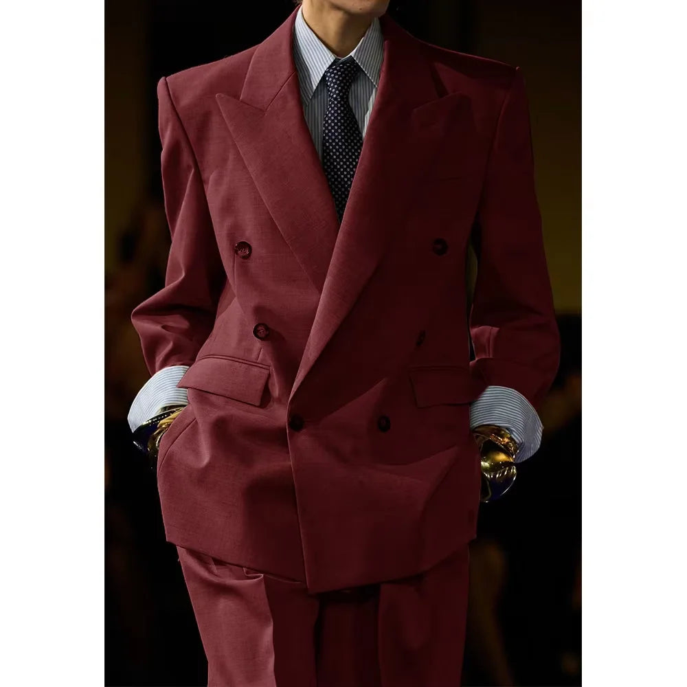 Men's Linen Suit Set Double Breasted 2 Pieces Peak Lapel Oversized Breathable Soft Formal Jacket Pants Outfit Business Casual