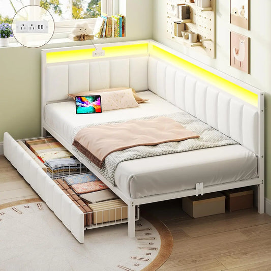Corner Twin XL Bed Frame with 2 Storage Drawers & Charging Station Metal Platform Bed Frame Twin XL with Storage, Customized