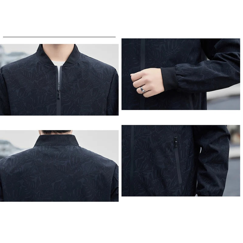 BROWON Business Casual Mens Jacket 2026 Spring Standing Collar Print Coats Men Autumn Fashion Long Sleeve Outdoor Men Clothing