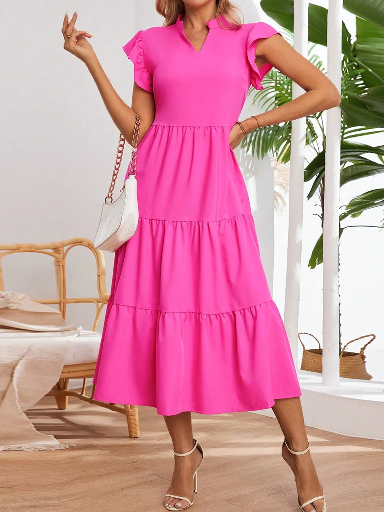 Pink Tiered Ruffle Sleeve Midi Dress Casual Elegant Summer