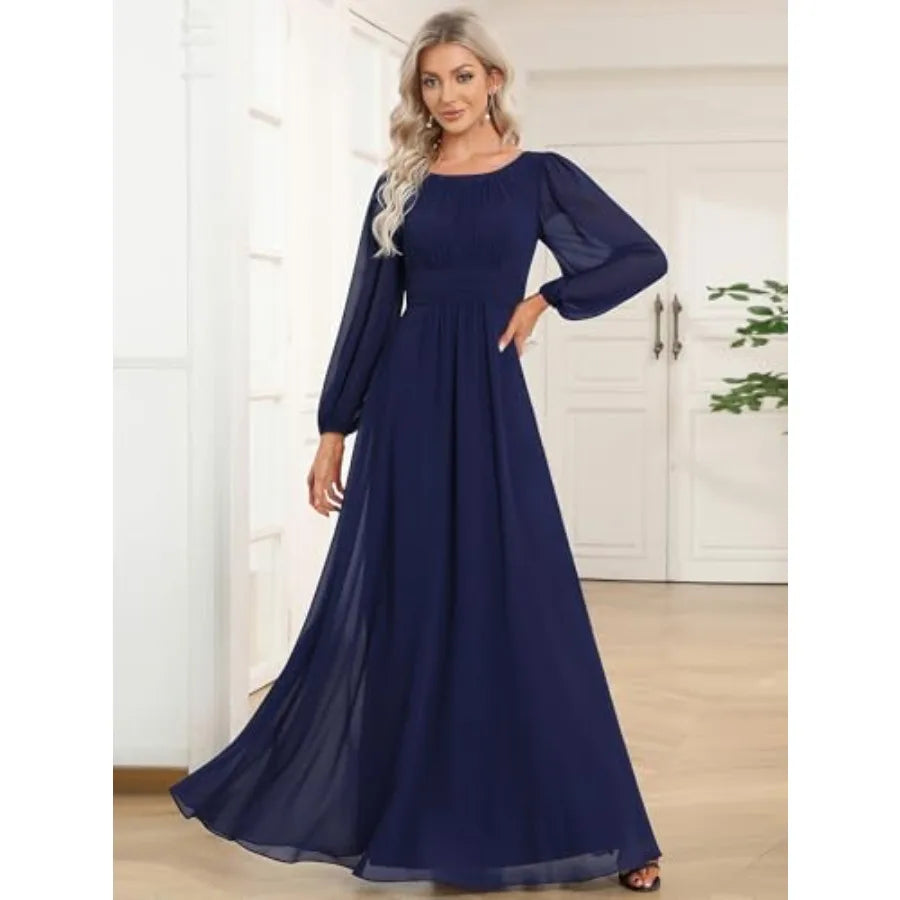 Ever-Pretty Women's Crewneck Long Lantern Sleeves Floor Length A-Line Pleated Chiffon Formal Dress 0B