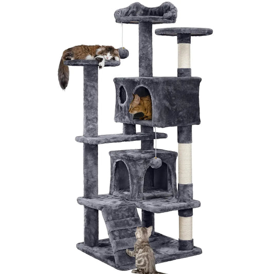 54in Multi-Level Cat Tree Kitten-ear Perch 2 Caves Scratch Posts Ladder 2 Balls Indoor Kittens Durable Pet Furniture , Custom